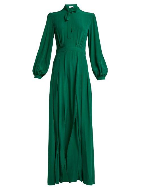 Matchesfashion.com Raquel Diniz - Armonia Pussy Bow Silk Crepe Dress - Womens - Dark Green