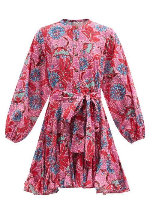 Matchesfashion.com Rhode - Emma Fluted Floral-print Cotton-poplin Mini Dress - Womens - Pink Print