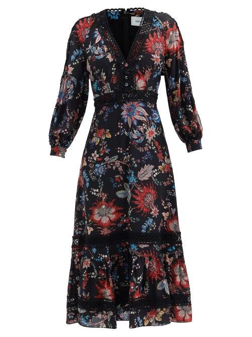 Erdem - Magdalene Hogarth-print Crepe De Chine Midi Dress - Womens - Black Multi