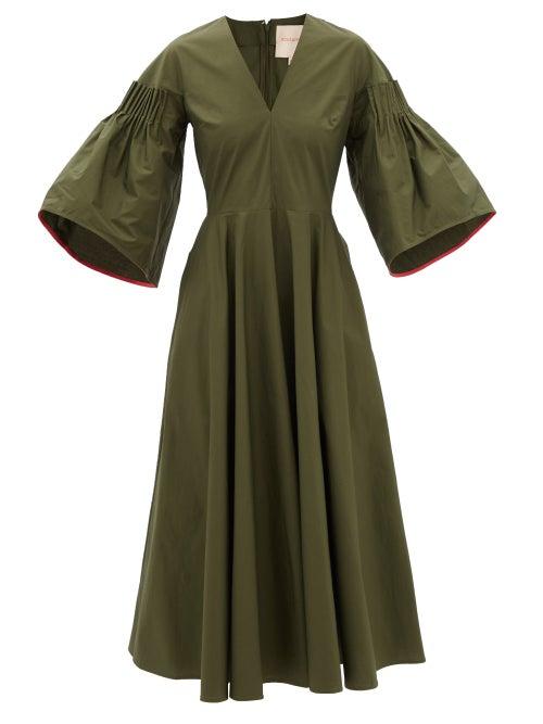 Roksanda - Josefina Flared-sleeve Cotton-poplin Midi Dress - Womens - Khaki