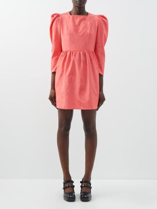 Batsheva - Puff-shoulder Moir Mini Dress - Womens - Dark Pink