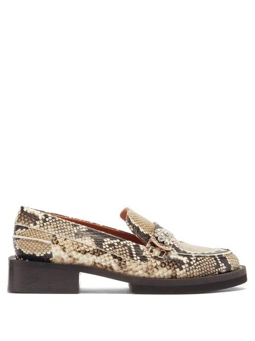 Matchesfashion.com Ganni - Crystal-embellished Python-effect Leather Loafers - Womens - Python