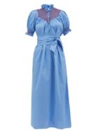 Matchesfashion.com Loretta Caponi - Elena Belted Smocked Cotton-poplin Midi Dress - Womens - Blue