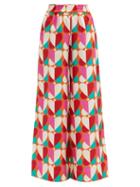 Matchesfashion.com La Doublej - Palazzo Geometric-print Silk Trousers - Womens - Pink Print