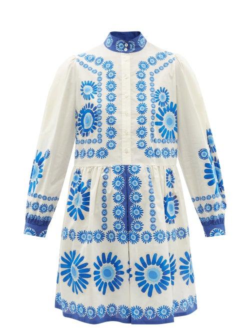 La Doublej - Shorty Place-print Cotton-muslin Dress - Womens - Blue Print