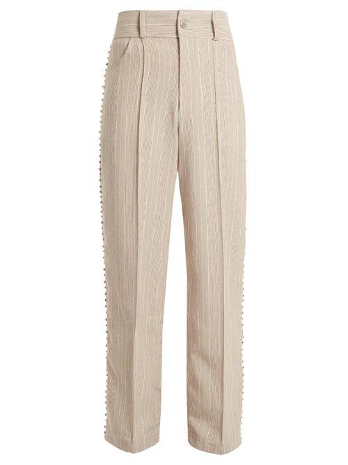 Matchesfashion.com Art School - Blow Crystal Embellished Wide Leg Cotton Trousers - Womens - Grey Multi