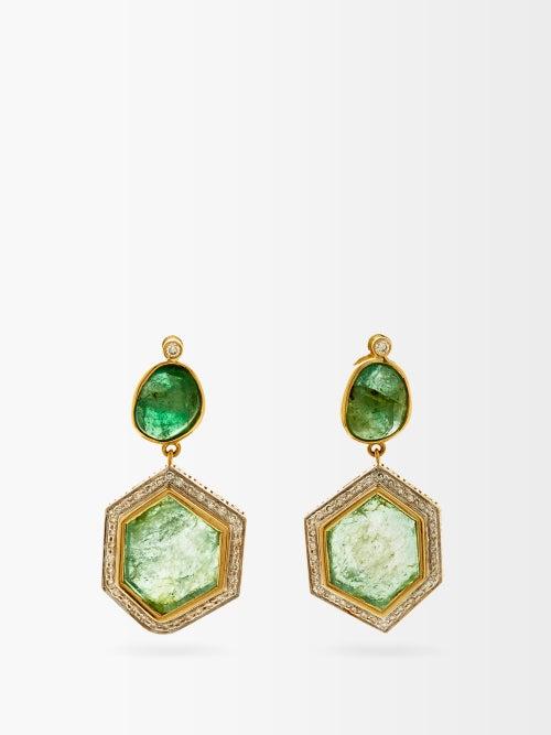 Jade Jagger - Diamond, Emerald & 18kt Gold Drop Earrings - Womens - Green Gold