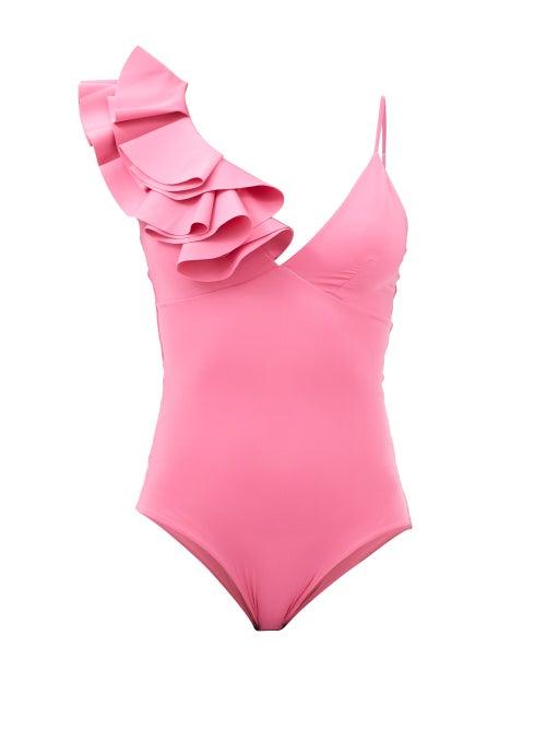Maygel Coronel - Nerano Ruffled-shoulder Swimsuit - Womens - Magenta