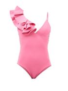 Maygel Coronel - Nerano Ruffled-shoulder Swimsuit - Womens - Magenta