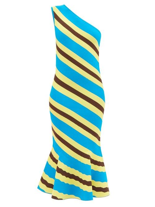 Jw Anderson - Stripe-jacquard Fluted Stretch-knit Midi Dress - Womens - Yellow Multi