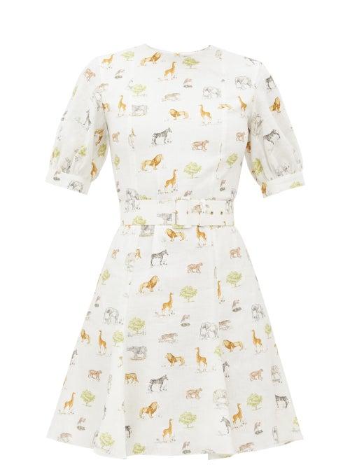Matchesfashion.com Emilia Wickstead - Pip Animal-print Belted Linen Mini Dress - Womens - Cream Print