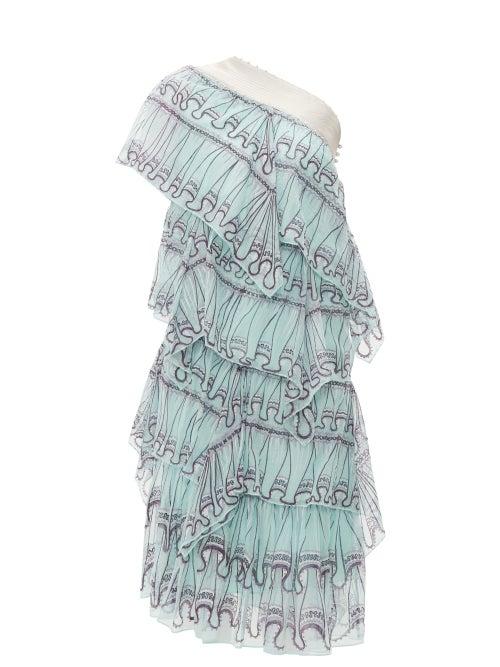 Matchesfashion.com Zandra Rhodes - Tiered Abstract Print Silk Chiffon Midi Dress - Womens - Blue Print