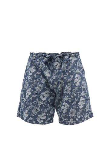 Mens Rtw Ymc - Floral-jacquard Denim Shorts - Mens - Indigo