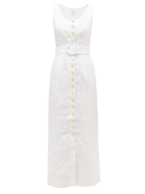 Matchesfashion.com Gl Hrgel - Belted Daisy-button Linen Midi Dress - Womens - White