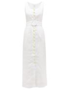 Matchesfashion.com Gl Hrgel - Belted Daisy-button Linen Midi Dress - Womens - White