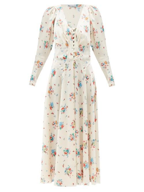 Matchesfashion.com Paco Rabanne - Buttoned V-neck Floral-print Satin Dress - Womens - White Print