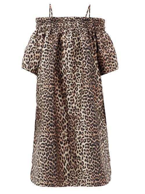 Matchesfashion.com Ganni - Off-the-shoulder Leopard-jacquard Midi Dress - Womens - Leopard