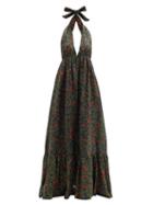 Matchesfashion.com Agua By Agua Bendita - Olivia Halterneck Floral-print Linen Maxi Dress - Womens - Black Print