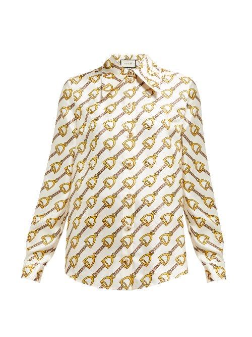 Matchesfashion.com Gucci - Horsebit Print Silk Twill Blouse - Womens - Ivory Multi