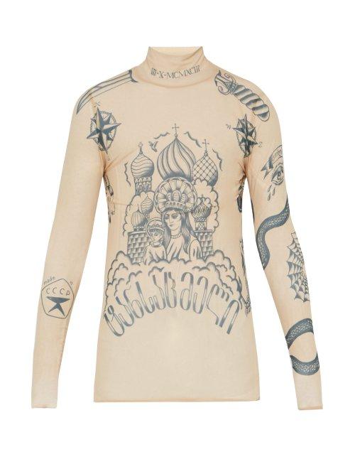 Matchesfashion.com Vetements - Tattoo Print High Neck Stretch Mesh Top - Mens - Beige