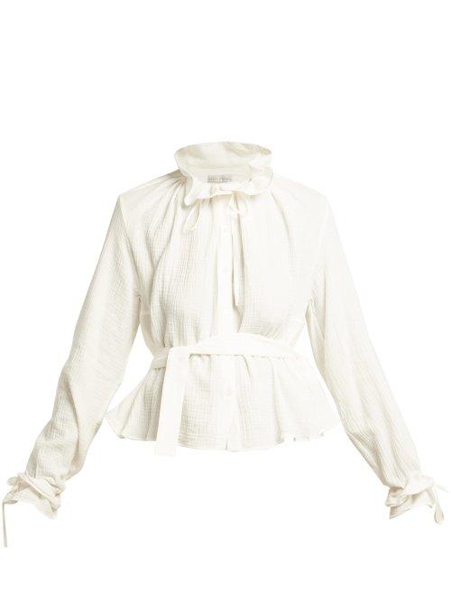Matchesfashion.com Palmer//harding - Shadey Ruffled Neck Belted Cotton Muslin Blouse - Womens - Cream