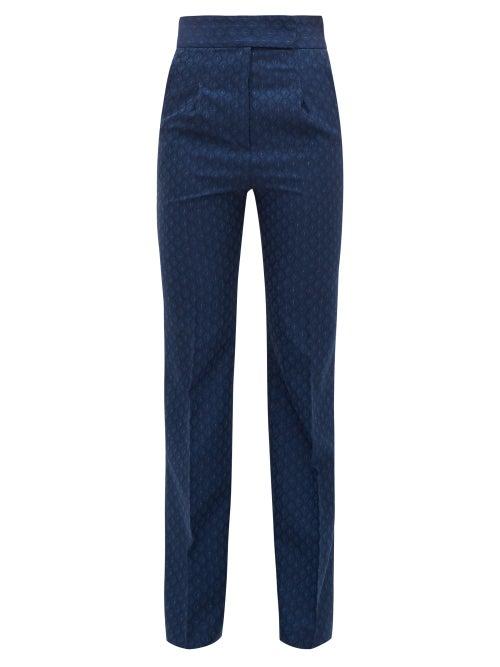 Matchesfashion.com Mame Kurogouchi - High Rise Flared Wool Blend Jacquard Trousers - Womens - Navy