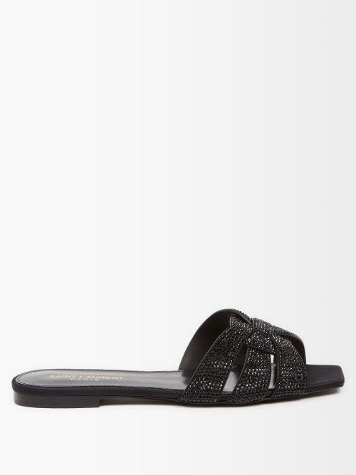 Saint Laurent - Tribute Crystal-embellished Leather Flat Sandals - Womens - Black