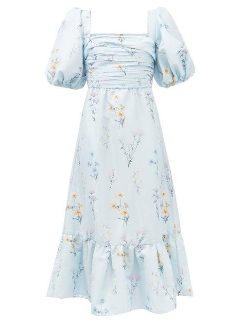 Self-portrait - Puff-sleeve Floral-print Taffeta Dress - Womens - Light Blue