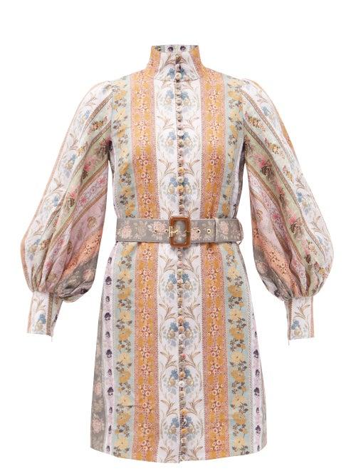 Matchesfashion.com Zimmermann - Luminous Stripe Patchwork-print Linen Mini Dress - Womens - Multi Stripe