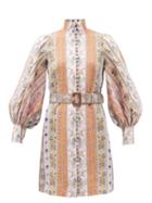 Matchesfashion.com Zimmermann - Luminous Stripe Patchwork-print Linen Mini Dress - Womens - Multi Stripe