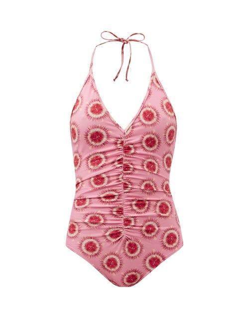 Matchesfashion.com Adriana Degreas - Exotic Passion Ruched Plunge-neck Swim Suit - Womens - Pink Print