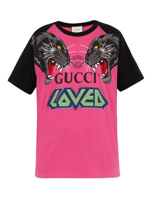 Matchesfashion.com Gucci - Tiger And Logo Print Cotton T Shirt - Mens - Pink