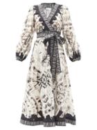 Matchesfashion.com Zimmermann - Lulu Tie-dye Linen Midi Wrap Dress - Womens - Black White