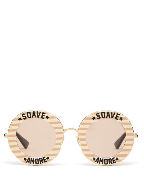Matchesfashion.com Gucci - Soave Amore Striped Round Acetate Sunglasses - Womens - Pink Gold