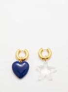 Timeless Pearly - Mismatched Star & Heart Gold-plated Hoop Earrings - Womens - Blue Crystal