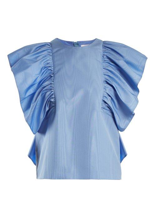 Matchesfashion.com Msgm - Ruffled Sleeve Moire Top - Womens - Blue