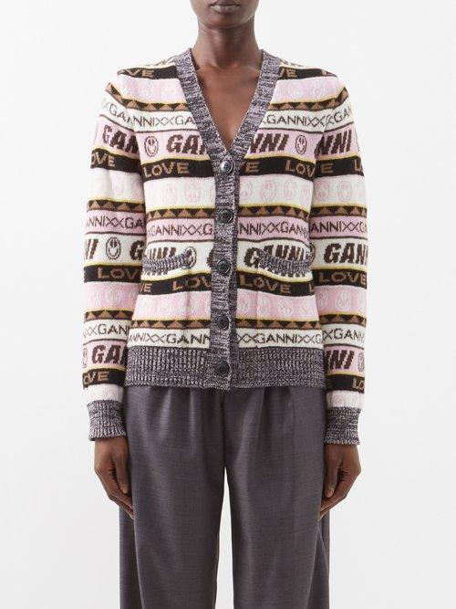 Ganni - Logo-jacquard Knit Cardigan - Womens - Purple Multi