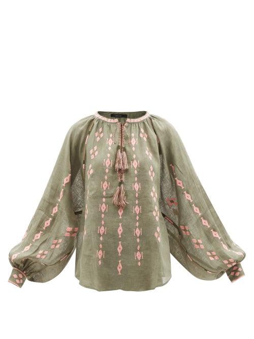 Vita Kin - Casablanca Embroidered Linen Blouse - Womens - Khaki Multi