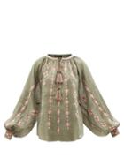 Vita Kin - Casablanca Embroidered Linen Blouse - Womens - Khaki Multi