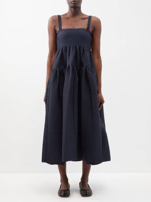 Cecilie Bahnsen - Johanna Banded Cloqu Midi Dress - Womens - Navy