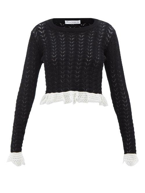 Jw Anderson - Frilled-hem Cotton-crochet Top - Womens - Black White