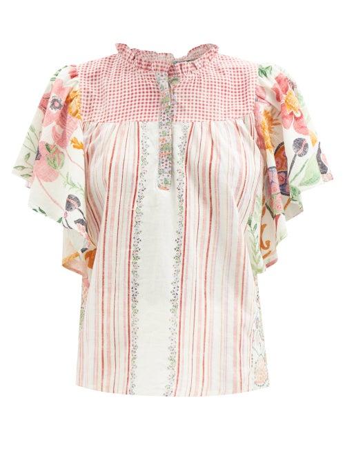 D'ascoli - Evie Striped And Checked Cotton-khadi Top - Womens - Pink Multi