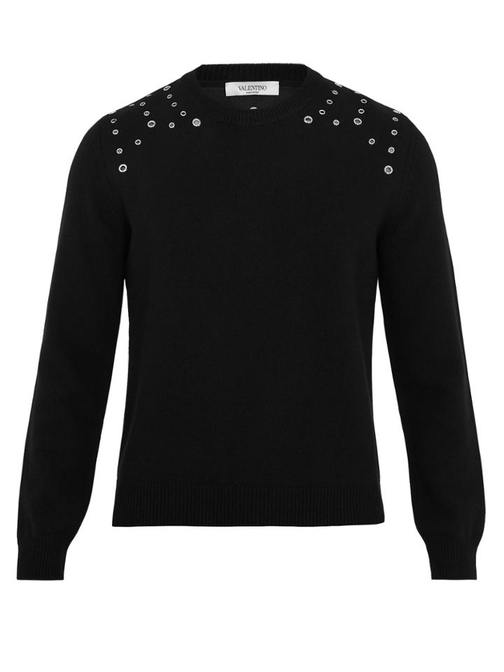 Valentino Eyelet-embellished Ribbed-knit Wool-blend Sweater