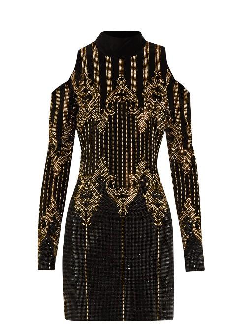 Balmain High-neck Embellished Velvet Dress
