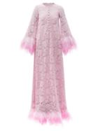 Matchesfashion.com Dolce & Gabbana - Feather-trimmed Cotton-blend Lace Gown - Womens - Light Pink