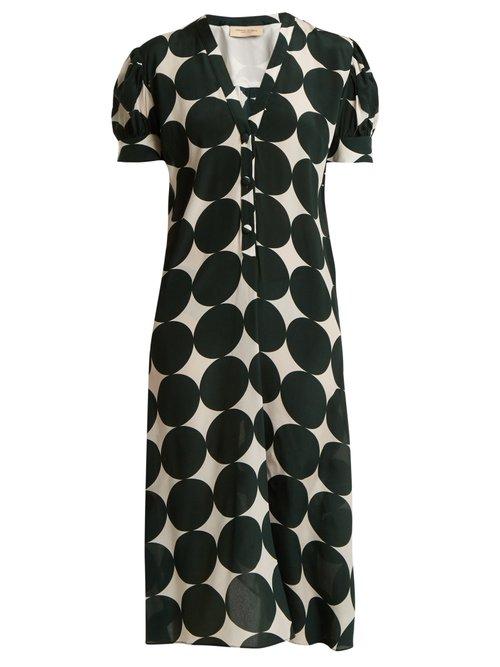 Matchesfashion.com Adriana Degreas - Cacao Polka Dot Print Silk Dress - Womens - Green Multi
