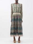 Saloni - Isabel Floral-print Silk Midi Dress - Womens - Green Multi