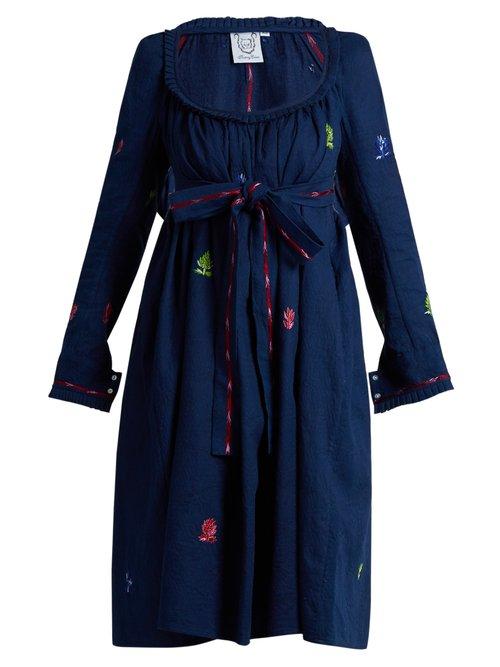 Matchesfashion.com Thierry Colson - Rosine Floral Embroidered Cotton Dress - Womens - Blue Multi