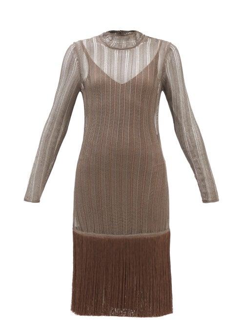 Fendi - Fringed Open-knit Dress - Womens - Brown