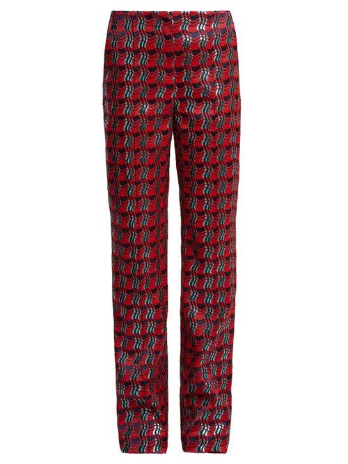 Matchesfashion.com Diane Von Furstenberg - Waved Check Jacquard Straight Leg Trousers - Womens - Red Multi